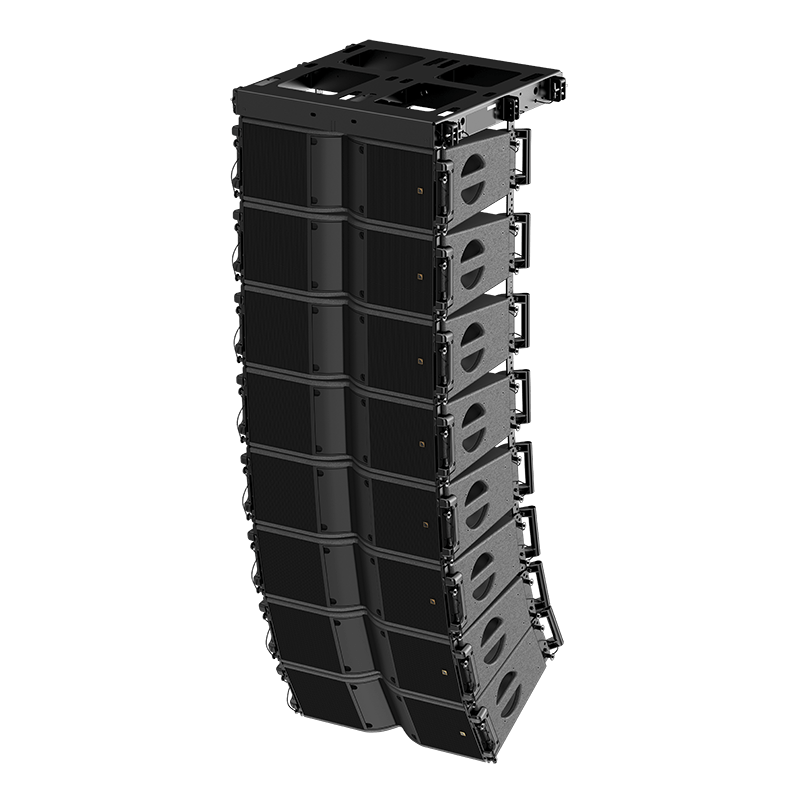 Tall stack of black professional line-array speakers with handles, used for large-scale sound reinforcement.