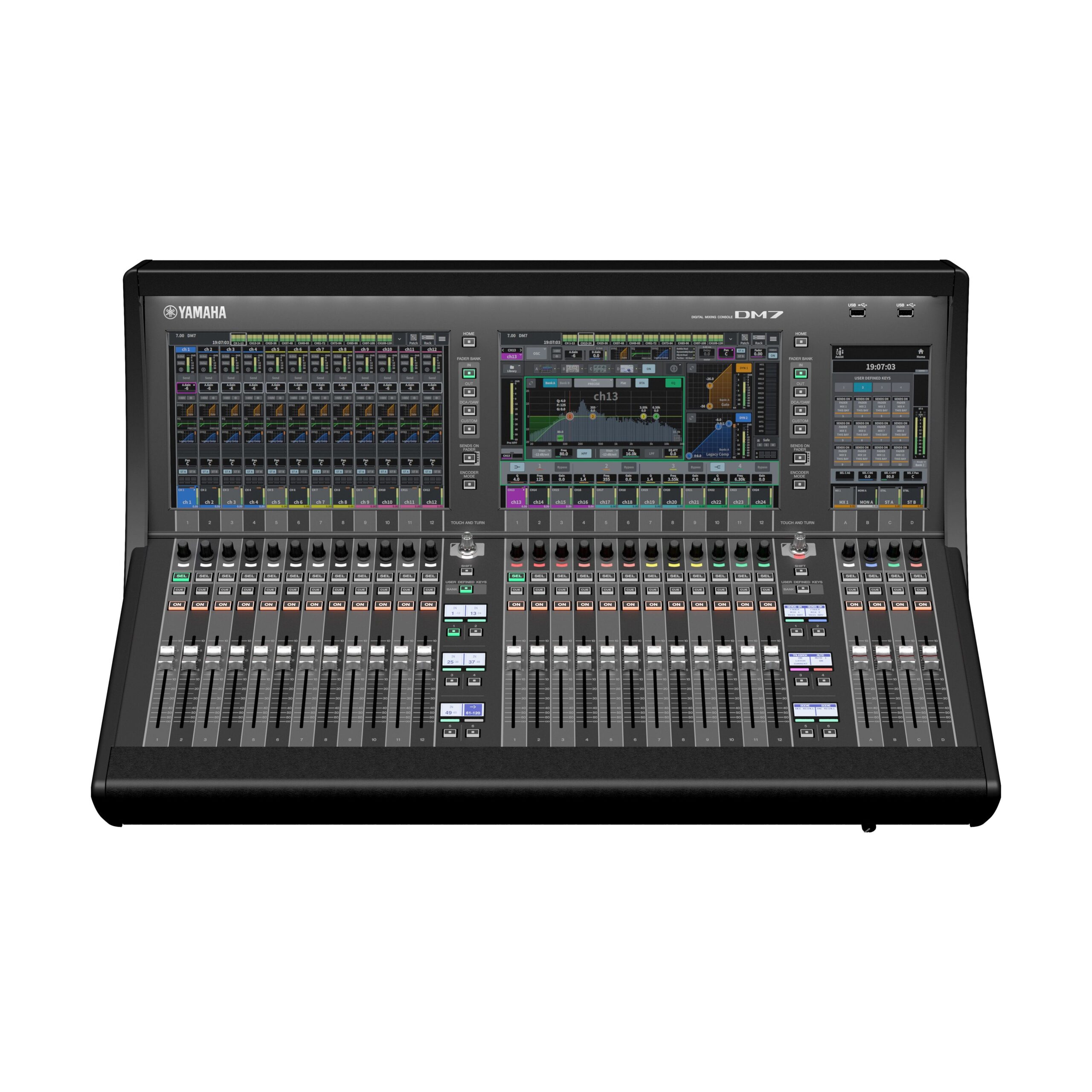 Front view of a Yamaha DM7 digital mixing console displaying many faders, color-coded channels, and dual touchscreens for mixing and routing.