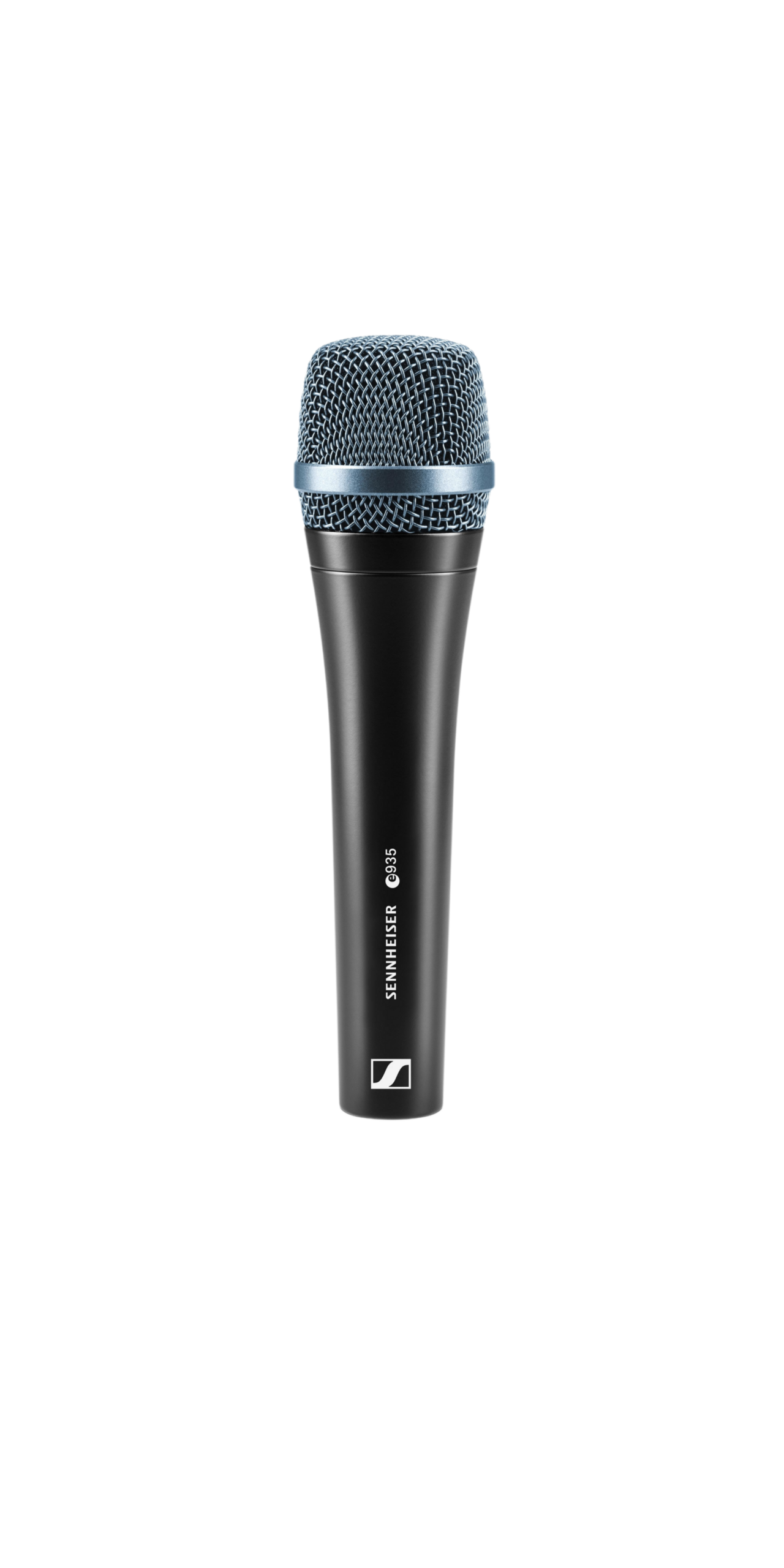 Black handheld microphone with a blue metal grille and Sennheiser branding.